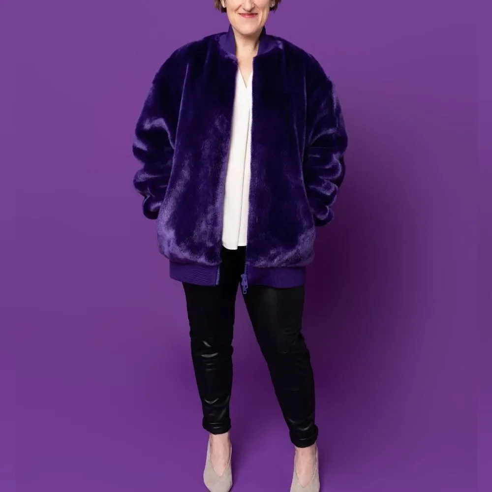 Tibi Luxe Faux Fur Mid Length Sporty Bomber Jacket in Purple - Picture 2 of 13